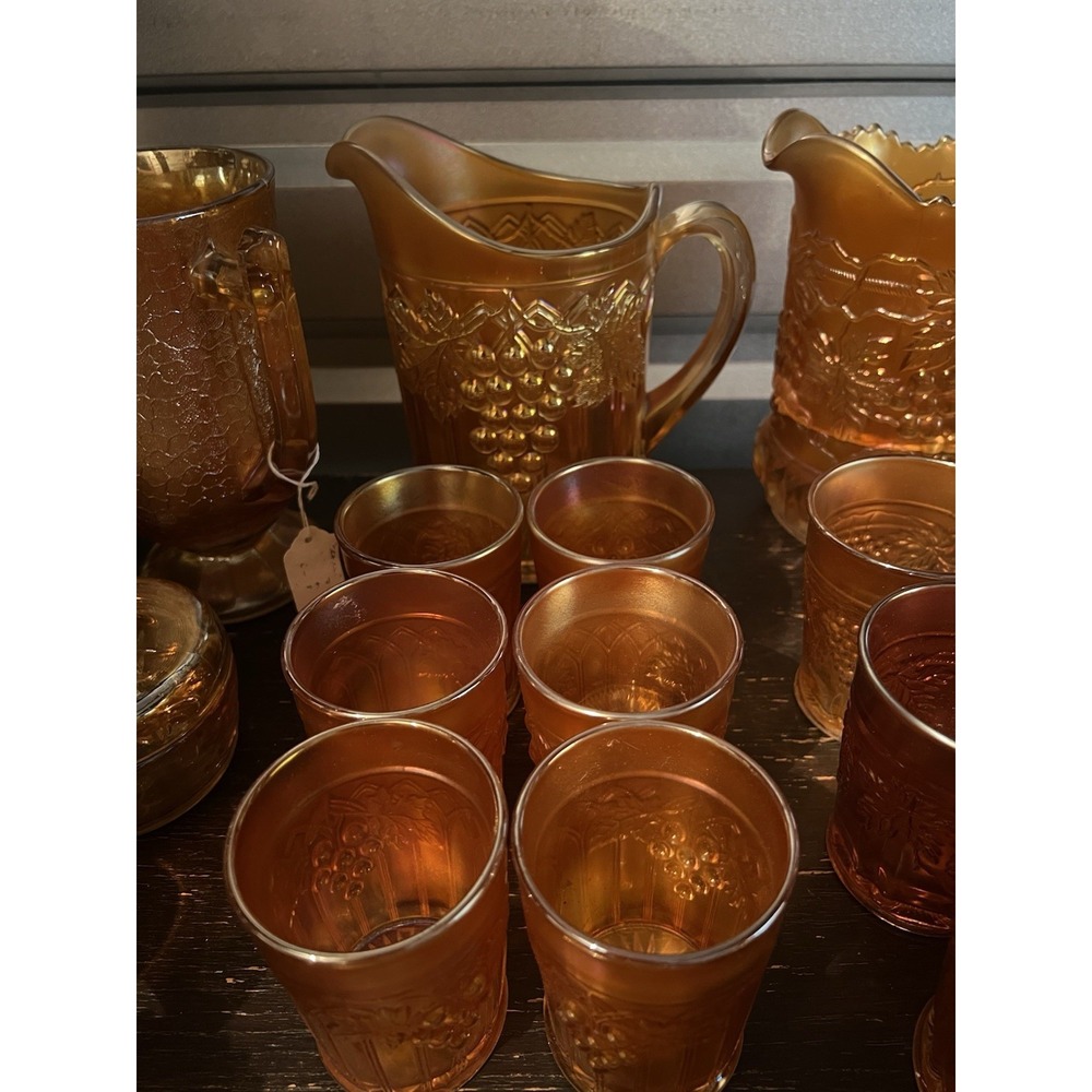 Northwood Grape and Gothic Arches Marigold Carnival 7pc Pitcher Set  c.1914